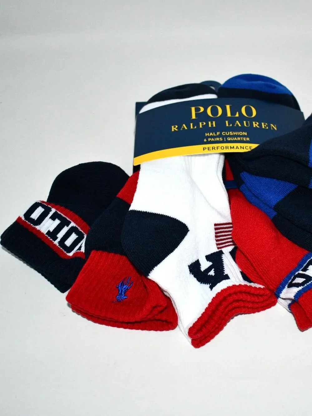 Polo Ralph Lauren 6-pack quarter length socks Rugby stripes w flag & USA #824681